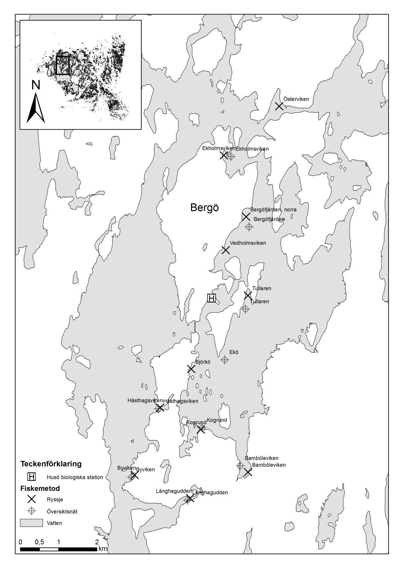 4 Figur 2. Fiskeområdet runt Bergö, Finström. Kartan illustrerar placeringen av ryssjorna och näten.