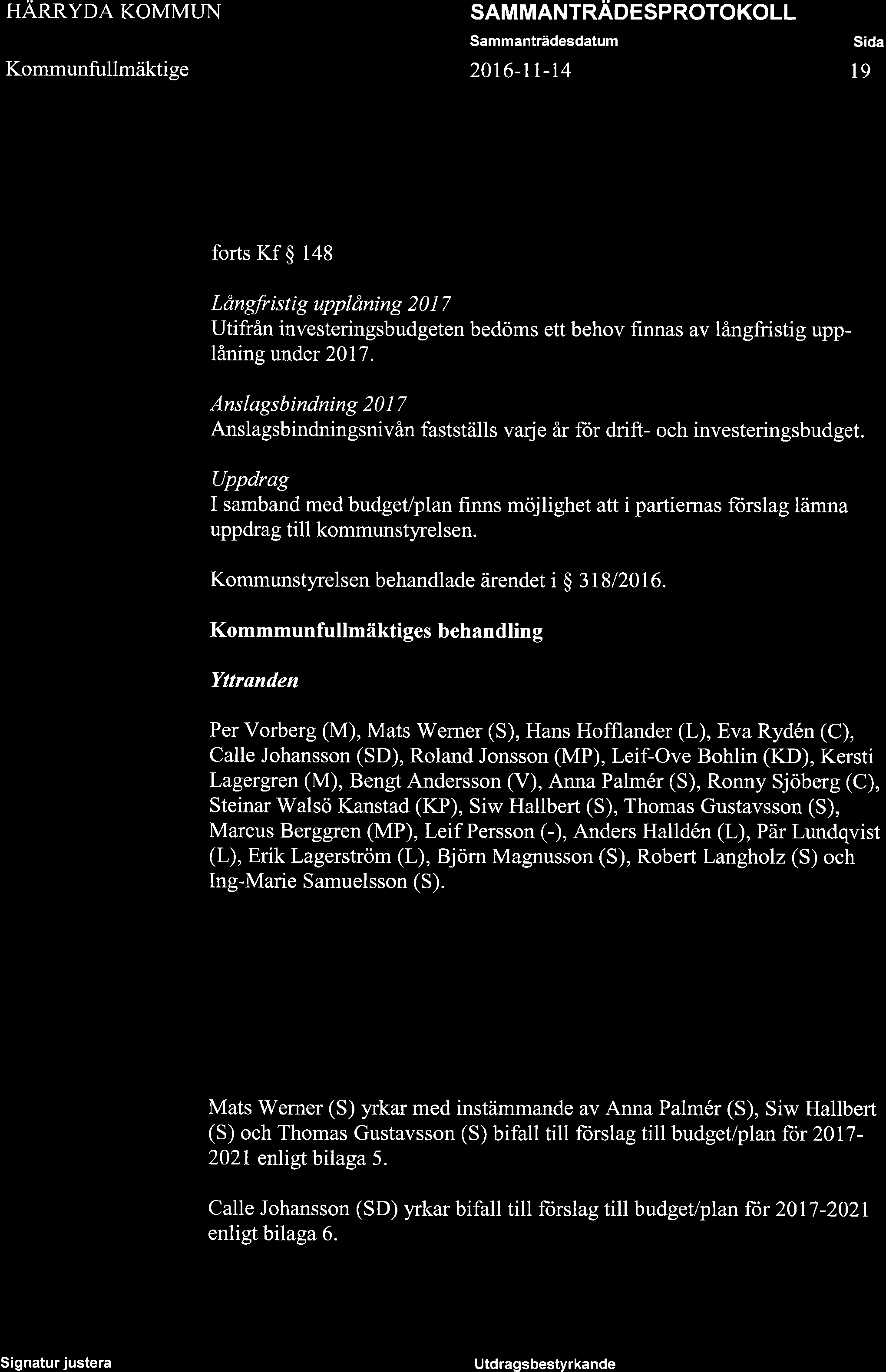HARRYDA KOMMUN Kommunfullmäktige SAMMANTRÄDES PROTOKOLL Sammanträdesdatum 20r6-11-t4 Sida 19 forts Kf $ 148 Långlfristig upplåning 2 0 I 7 Utifrån investeringsbudgeten bedöms ett behov finnas av