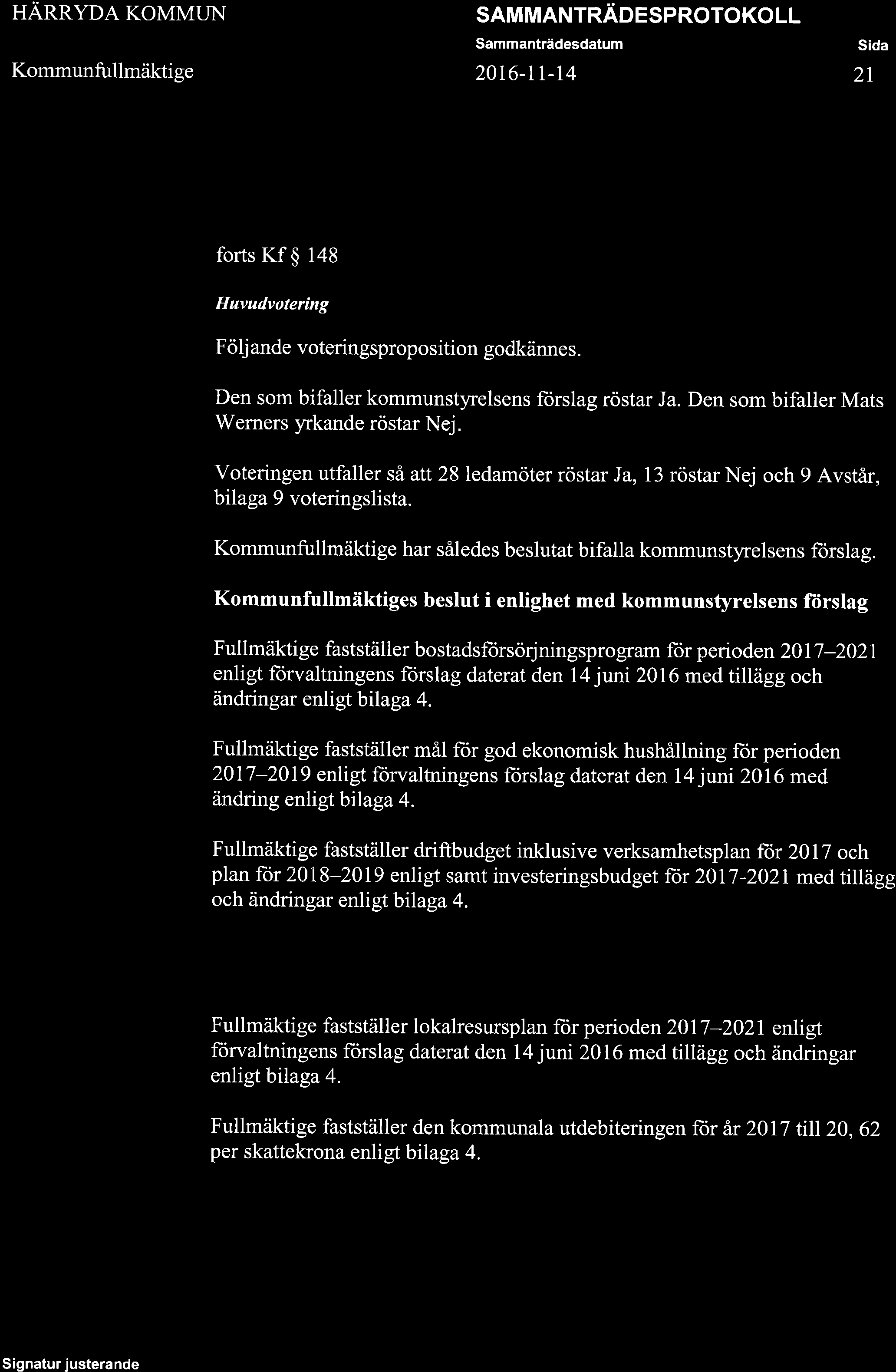 HARRYDA KOMMTIN Kommunfullmäktige SAM MANTRÄDESPROTOKO LL Sammanträdesdatum 20t6-Lr-14 S da 21 forts Kf $ 148 Huvadvotering Följande voteringsproposition godkännes.