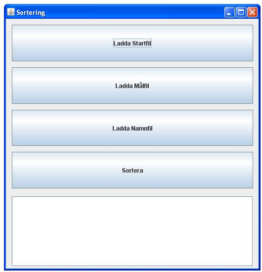 try{ returnregisterfield.gettext(); catch(exceptione){ return""; SortingGUI (Detta är användargränssnittet som sköter sorteringen). Main metoden som startar programmet finns i en seperat klass.