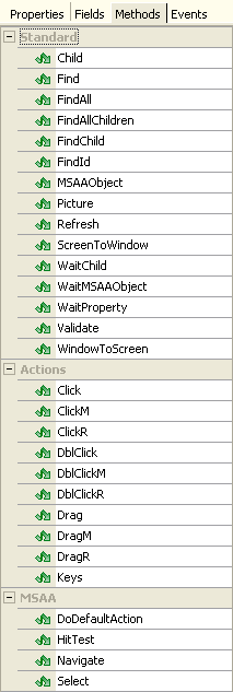 Figur 4.2 Till vänster syns de metoder och de actions som TestComplete tillåter användaren att göra på knappen Spara i Word.