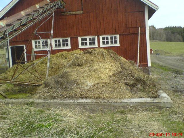 Plattan töms cirka en gång per år och sprids på egen mark, 53 hektar. Gårdens sex hästar står på halm.