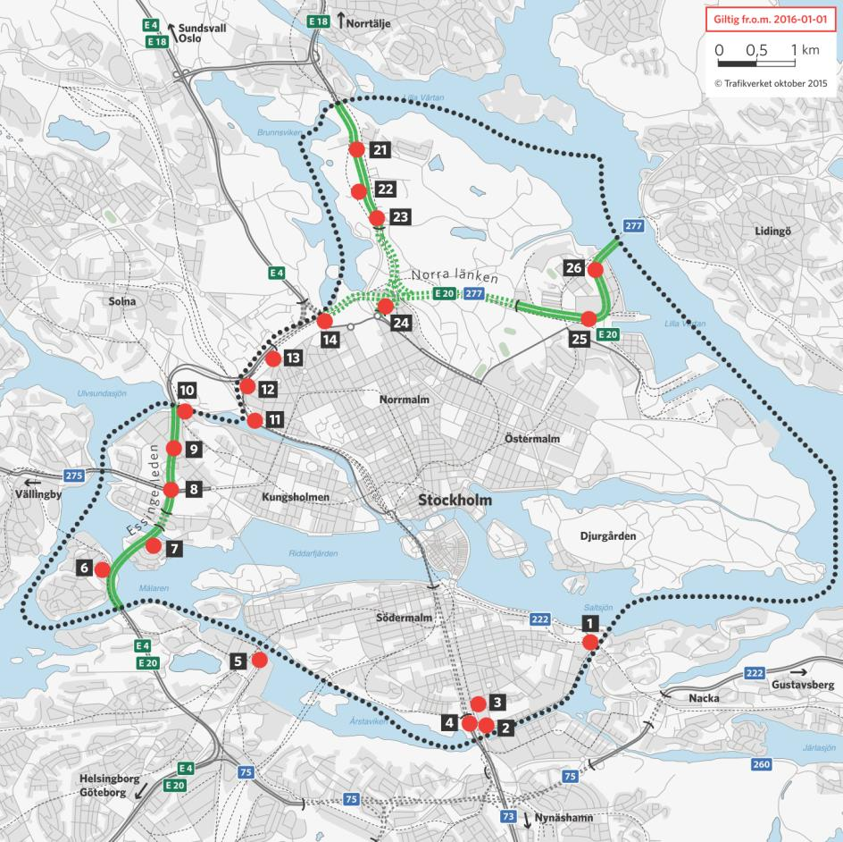 1.3. Karta över trängselskattezon och betalstationer Figur 3 visar det trängselskattesystem som gäller från den 1 januari 2016.