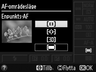 AF-områdesläge Välj hur fokuspunkten för autofokus väljs. Notera att d (Dynamiskt AF-område) och f (3D-följning (11 punkter)) inte är tillgängliga när AF-S är valt som fokusläge.