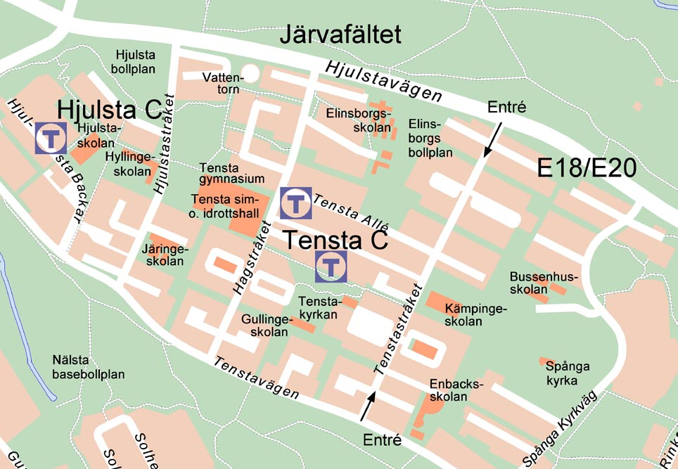 OM TENSTA Första anblicken av Tenstas skivhus från motorleden E18 ger ett intryck av en storskalig betongförort. I själva verket är Tensta en relativt variationsrik stadsbygd.