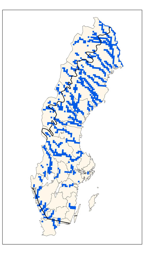 Ytterligare vattenkraft efterfrågas i övergången till förnyelsebara energikällor. Figur 1. Svenskt utbredningsområde (till vänster) och förekomstareal (till höger).