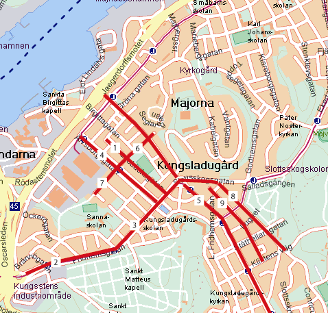 3 Mätområden och resultat Kungsladugård I området Kungsladugård genomfördes inventering på följande gator: 1 Svanebäcksgatan 2 Fridhemsgatan 3