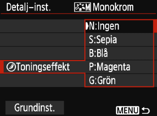 A Anpassa bildegenskapern V Monokrom inställning För Monokrom kan du, förutom [Skärpa] och [Kontrast], som förklaras på föregående sida, även ställa in [Filtereffekter] och [Toningseffekt].