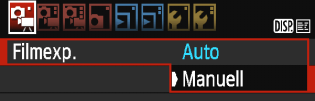 1 Det hörs ett ljud från reflexspegeln och sedan visas bilden på LCDmonitorn. Välj [Filmexp.]. 2 Tryck på knappen <M> och välj [Filmexp.] på fliken [Z1]. Tryck därefter på <0>. Välj [Manuell].