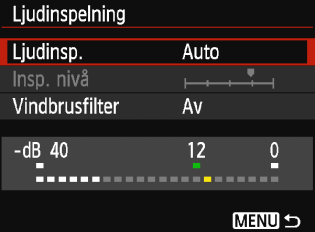 nivå] [Auto] : Ljudinspelningsnivån justeras automatiskt. Automatisk nivåkontroll fungerar automatiskt som svar på ljudnivån. [Manuell] : För avancerade användare.