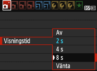 3 Ställa in bildvisningstid Du kan ställa in hur lång tid bilden ska visas på LCD-monitorn omedelbart efter att bilden tagits.