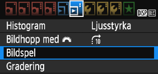 3 Bildspel (automatisk visning) Du kan visa bilderna på kortet i ett automatiskt bildspel. 1 Välj [Bildspel].
