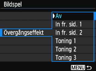 3 Bildspel (automatisk visning) [Övergångseffekt] [Bakgrundsmusik] 4 5 Starta bildspelet. Tryck på knapparna <W> <X> för att välja [Start] och tryck sedan på <0>.