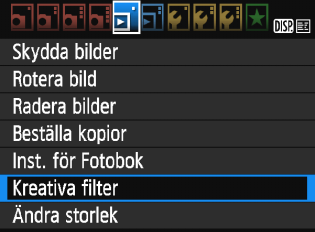 U Använda kreativa filter Du kan tillämpa följande kreativa filter på en bild och spara den som en ny bild: Grynig svartvit, Mjuk fokus, Fisheye-effekt, Leksakskamera och Miniatyreffekt.