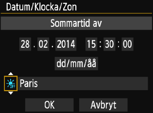 3 Ställa in datum, klocka och zon 4 5 6 Ställ in datum och klockslag. Välj inställning med knapparna <Y> <Z>. Tryck på <0> så att <a> visas. Välj siffror med knapparna <W> <X> och tryck sedan på <0>.