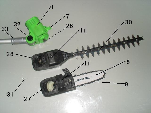 Grensågshuvud 11 Låsmutter 28 Häcksaxhuvud 12 Kombinationsverktyg (topp / skruvmejsel) 29 Låsskruv till främre handtag 13 Kedjehjul 30 Häcksax 14 Koppling till kedjespännare 31