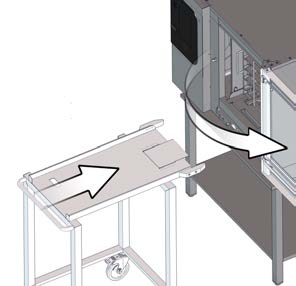 4 Gör enligt följande vid tillagning: Ta bor med rackvagn 1. Öppna aggregatdörren och skjut rackvagnen framför kombiugnen. 2. Fixera rackvagnen i kombiugnen.