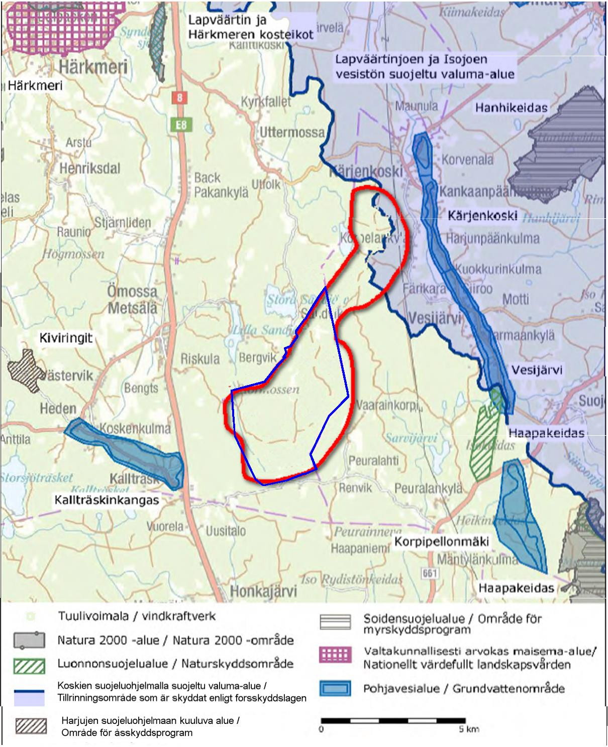 57, TEKN 16.3.2016 17:00 / Pykälän liite: Kaavaselostus_Planbeskrivning KRS_SWE[1] 17.2.20 FCG SUUNNITTELU JA TEKNIIKKA OY Planbeskrivning, Kristinestad 13 (97) Kristinestad 17.2.2016 Delgeneralplan för Mikonkeidas vindkraftspark Bild 9: Natura- och andra skyddsområdens läge i förhållande till projektområdet.