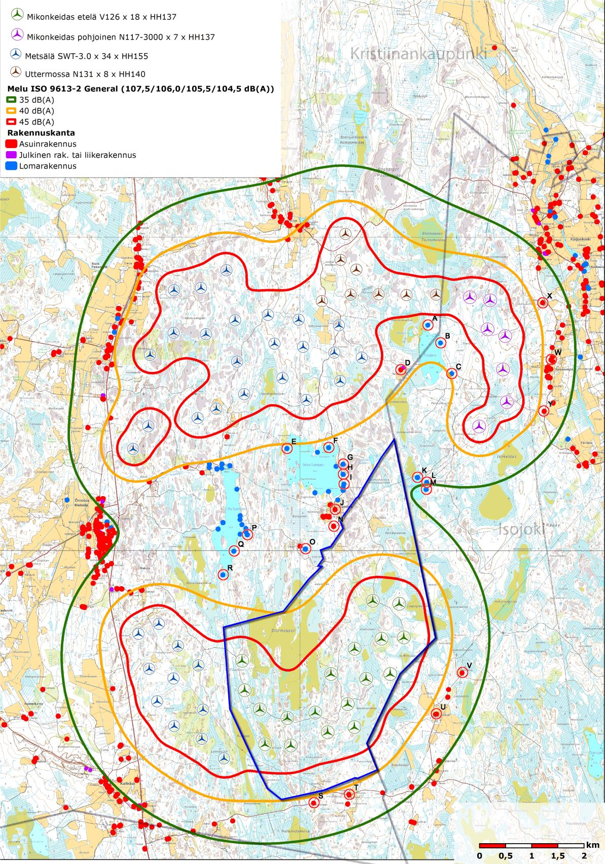 57, TEKN 16.3.2016 17:00 / Pykälän liite: Kaavaselostus_Planbeskrivning KRS_SWE[1] 17.2.20 FCG SUUNNITTELU JA TEKNIIKKA OY Planbeskrivning, Kristinestad 84 (97) Kristinestad 17.2.2016 Delgeneralplan för Mikonkeidas vindkraftspark 35 db-kurvan sammanfaller helt och på området finns 38 semesterbostäder.