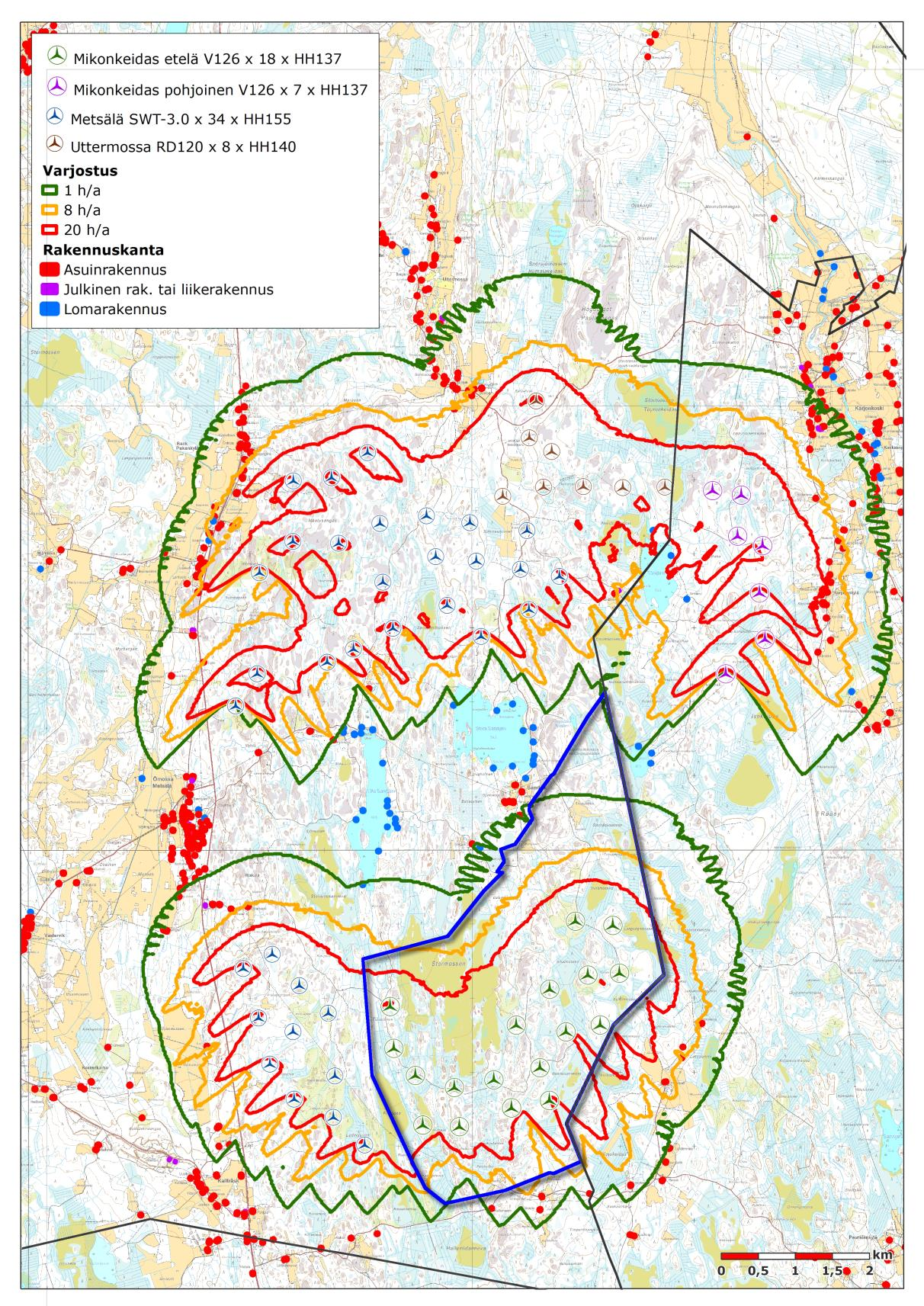 57, TEKN 16.3.2016 17:00 / Pykälän liite: Kaavaselostus_Planbeskrivning KRS_SWE[1] 17.2.20 FCG SUUNNITTELU JA TEKNIIKKA OY Planbeskrivning, Kristinestad 87 (97) Kristinestad 17.2.2016 Delgeneralplan för Mikonkeidas vindkraftspark Bild 34: Sammanlagda skuggkonsekvenser tillsammans med Metsälä och Uttermossa.