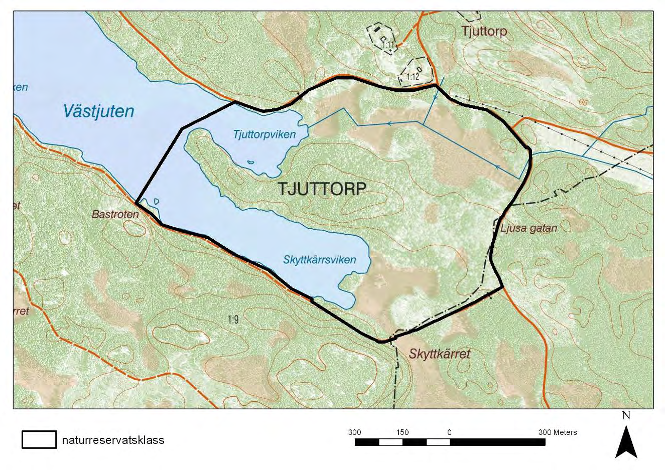 Karta över Tjuttorp. Länsstyrelsen Östergötland, Lantmäteriet. Bakgrundsinformation Naturvårdsprogram Finspångs kommun, 9630-13 Tjuttorp, 9630-08 Kulmossen.