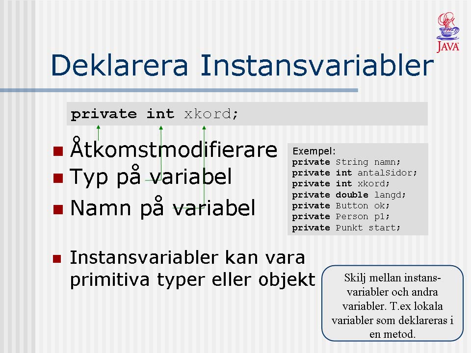 I vårt exempel deklareras två instansvariabler, xkord och ykord. Deklarationerna består av en åtkomstmodifierare (private), en datatyp (int), samt ett namn (xkord).