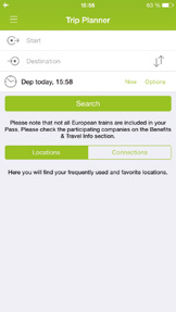 Med denna app kan du använda Reseplaneraren (Trip Planner) för att planera din resa i förväg, på tågstationen eller till och med ombord på tåget!