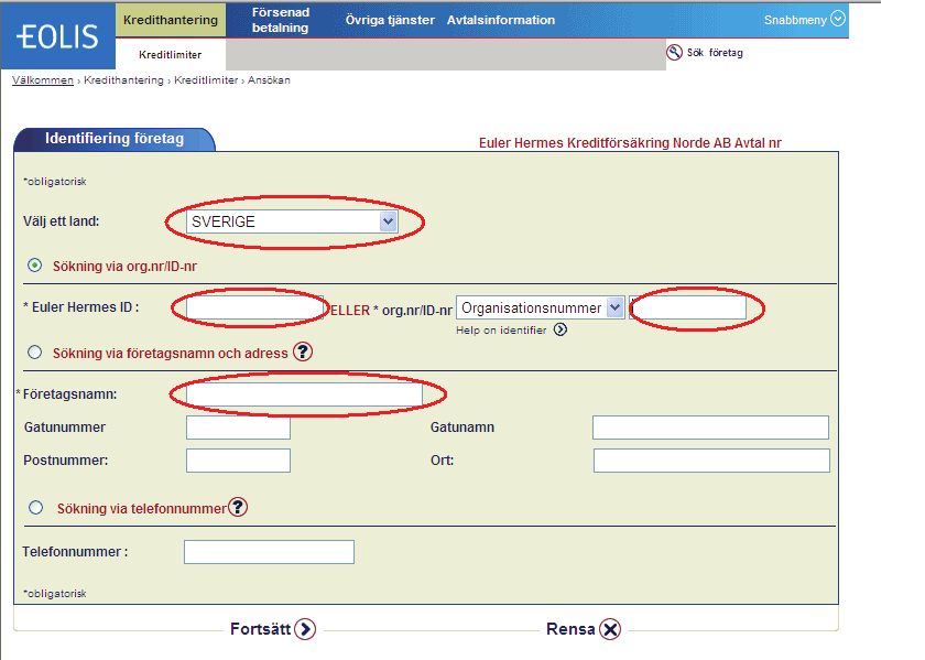 1. Ansökan om kreditlimit 1. Logga in i EOLIS med användarnamn och lösenord. 2.