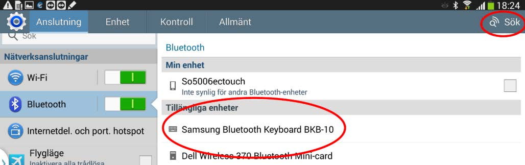 Tryck på Sök-knappen uppe i höger hörn på Bluetooth-sidan. 5.