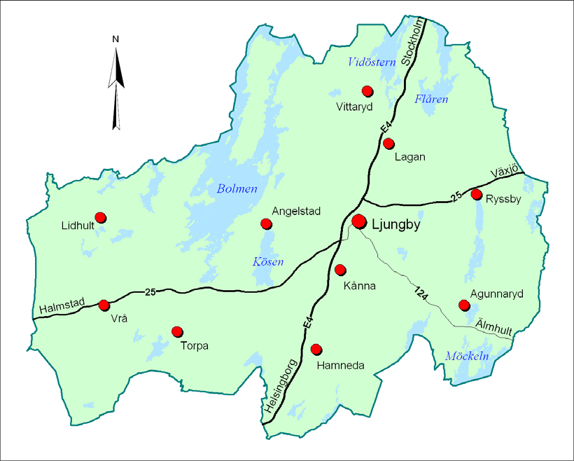 A 2.3 Map, Ljungby Municipality/Karta över Ljungby Kommun Copyright Ljungby Kommun Road 25 from Halmstad Väg 25 från Halmstad Main Road E4 from Malmö E4:an från Malmö Main Road E4 from Stockholm