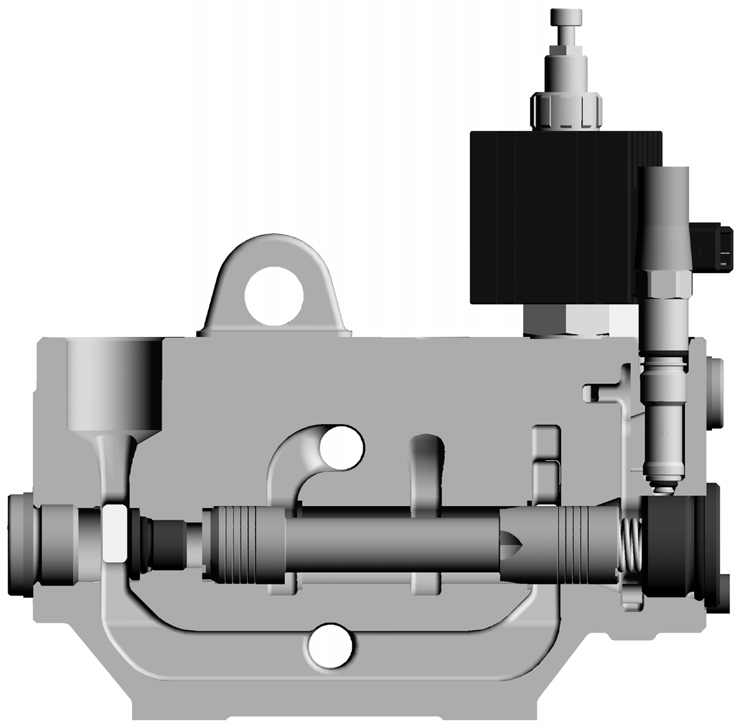 Inloppsektion Pumpavlastning Tankanslutning, T2 [25] Huvudtryckbegränsningsventilens pilotdel [16] Shuntslid Inloppsektion för ventil med integrerad pumpavlastning.