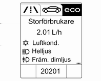 Undermenyerna är: ovanför rekommenderar uppväxling för att spara bränsle. Eco-indexdisplay: Aktuell bränsleförbrukning visas på en display med streck.