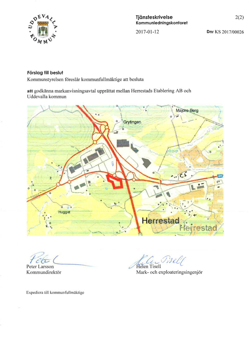 Tjänsteskrivelse Kommunledningskontoret 2017-01-12 2(2) Dn r KS 2017/00026 Förslag till beslut Kommunstyrelsen föreslår kommunfullmäktige att besluta att godkänna markanvisningsavtal