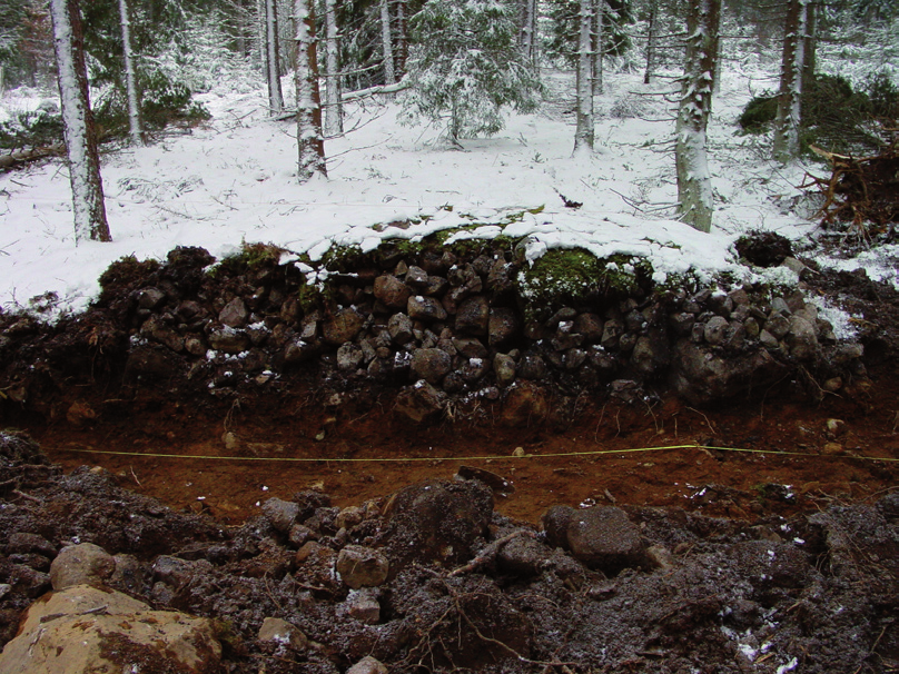 ARKEOLOGISK RAPPORT 2007:22 platsen röjas på rötter och sten och därmed blev ett redan röjt område ypperligt att bedriva kolning på.