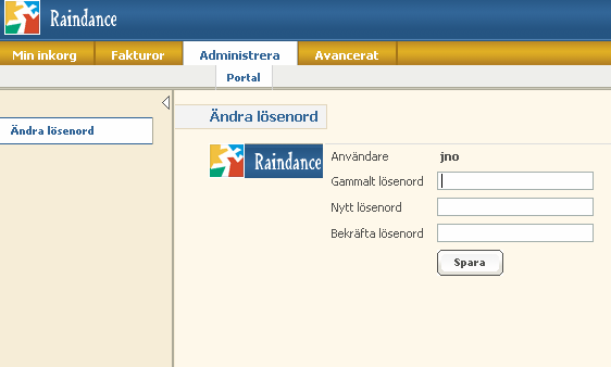 Ändra lösenord Gör på följande vis när du manuellt vill byta lösenord: 1. Välj Administrera -> Portal i menyn. 2. Portalen öppnar en funktionssida och visar en meny i vänsterkanten.