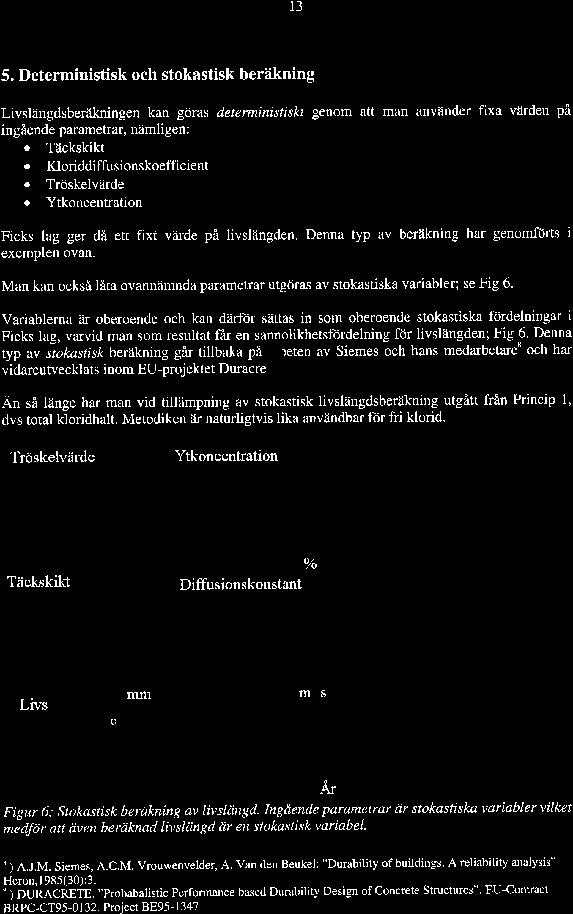 13 5. Deterministisk och stokastisk beräkning Livslängdsberäkningen kan göras deterministiskt genom att man använder fixa värden på ingående parametrar, nämligen : o Täckskikt o