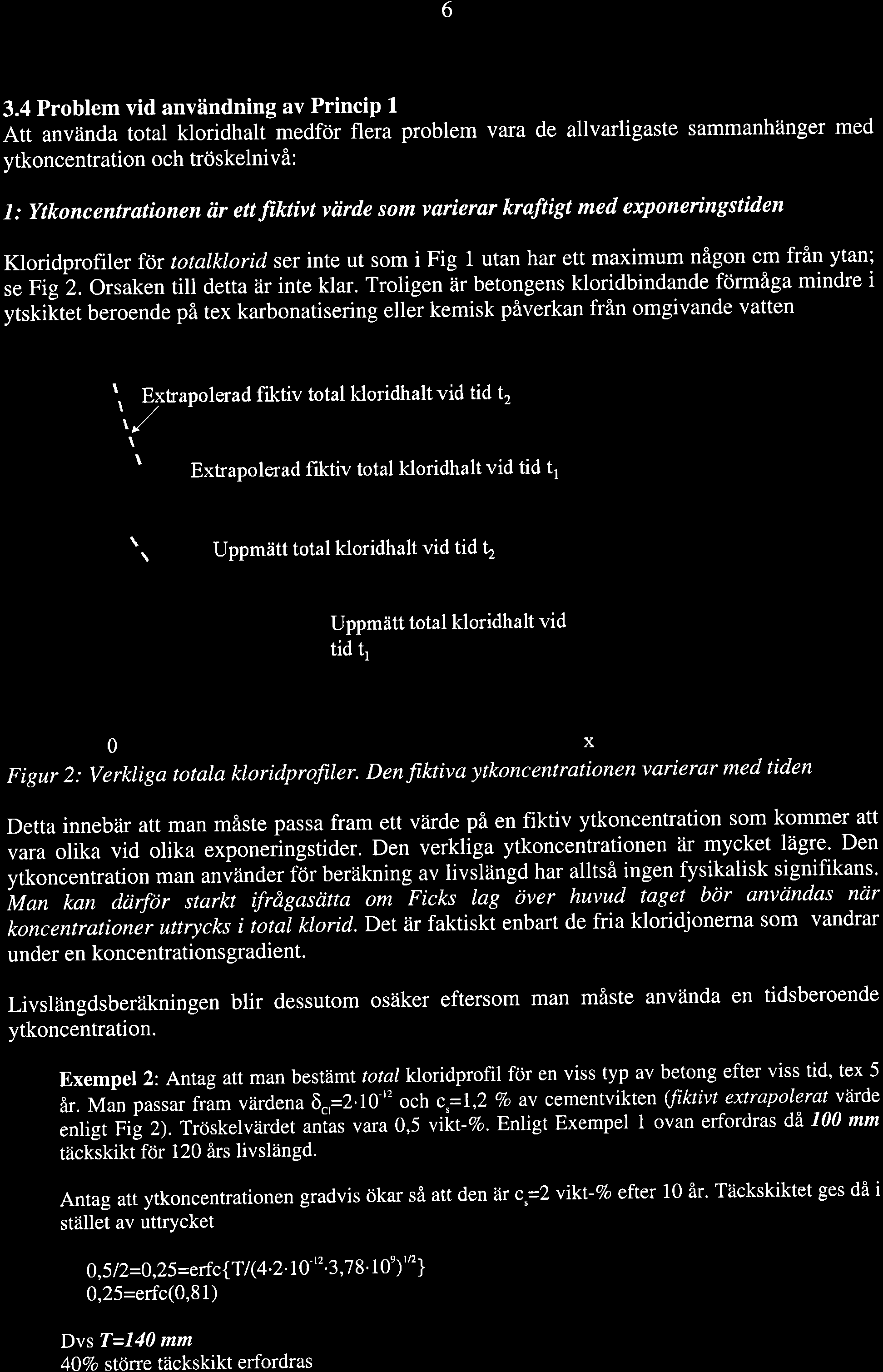 6 3.4 Problem vid användning av Princip L Att använda total kloridhalt medför flera problem vara de allvarligaste sammanhänger med ytkoncentration och tröskelni vå: l: Ytkoncentratíonen är ett