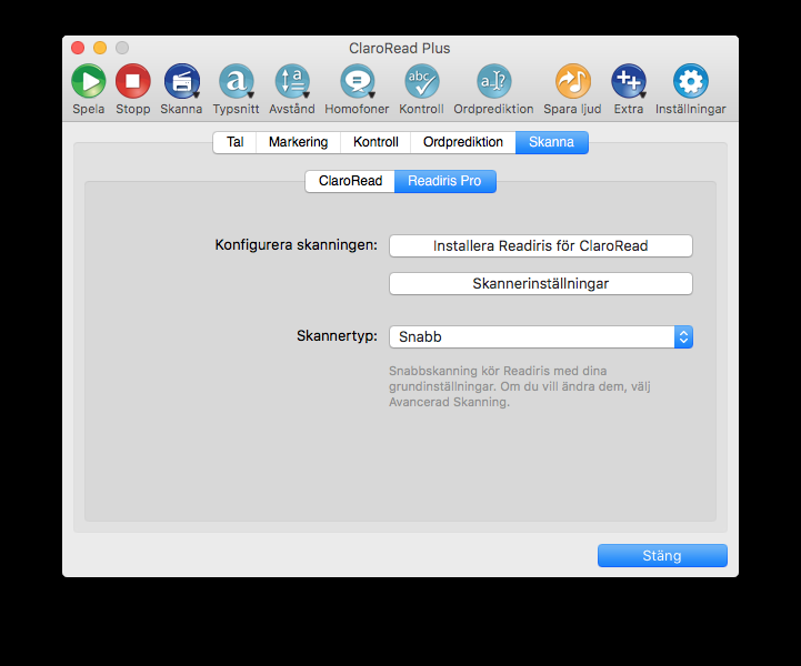 Konfigurera skanningen Knappen Installera Readiris för ClaroRead konfigurerar Readiris Pro för användning med ClaroRead.