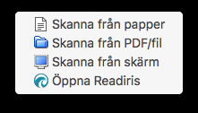 Skanna Skanner knappen gör text tillgänglig för uppläsning från inskannad text, antingen från en skanner, från en PDFfil eller en bildfil eller från ett område på skärmen.