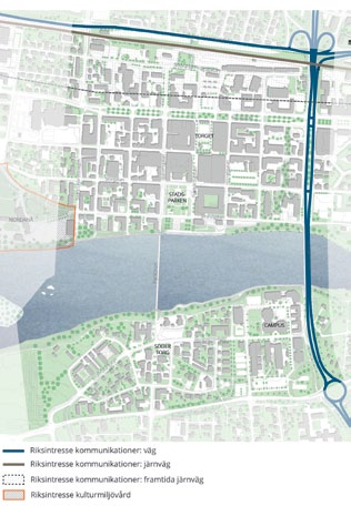 Stadsdelen Centrala stan gränsar till riksintressena beslutad korridor för Norrbotniabanan, väg 95, E4 samt det riksintresse för kulturmiljövård som omfattar Nordanåområdet.