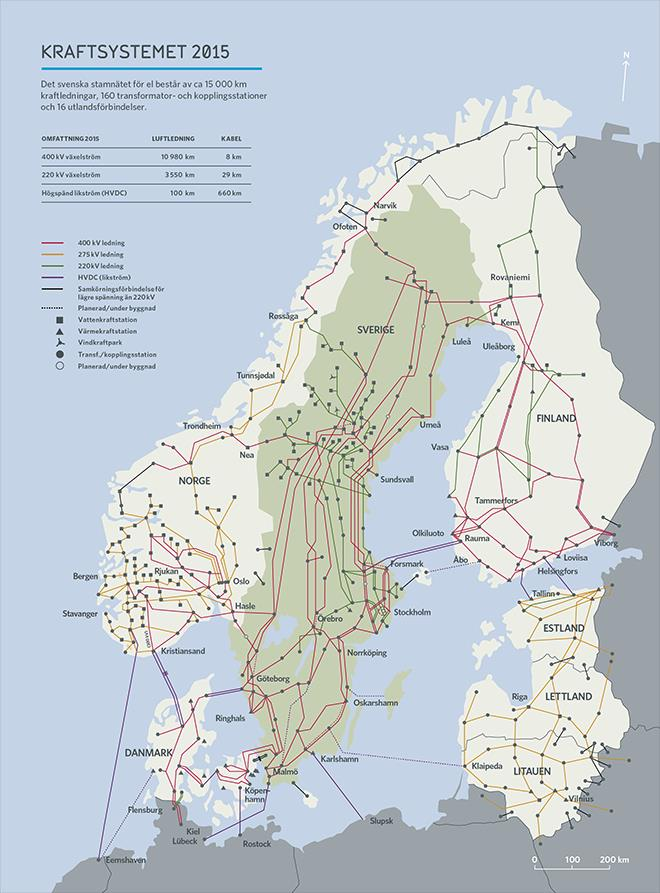 Figur 3. Karta över det svenska stamnätet för el år 2015. [13] 2.3.1 Dimensionering och sammanlagring Det som avgör dimensioneringen av elnätet är inte mängden energi utan mängden energi per tidsenhet (effekt), en mycket viktig särskiljning.