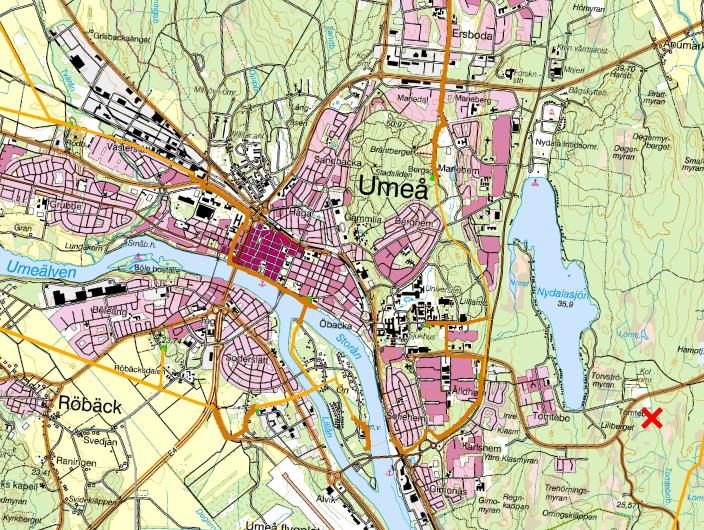 Figur 15. Urklipp ur programmet dp Power där en Tavleliden är markerat med ett kryss och Ön ses i nedre delen mellan Storån och Lillån.