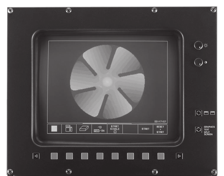 1.2 Bildskärm och knappsats Bildskärm Bilden till höger visar bildskärmens kontroller: Inställningsvred för ljusstyrka och kontrast Knapp för bildväxling mellan maskin- och programeringsdriftart