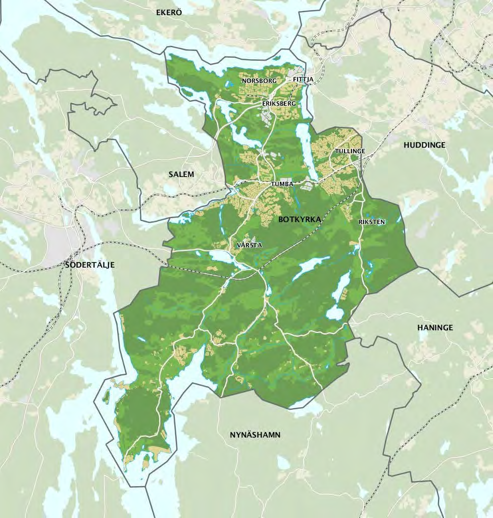 Figur 1: Översiktskarta Botkyrka kommun. 2.3 Tidsmässig Då översiktsplanen omfattar perioden fram till 2040 bedöms det lämpligt att även MKB:ns har år 2040 som tidshorisont. 2.4 Nivå Konsekvenserna beskrivs på en övergripande nivå med utgångspunkt i översiktsplanens detaljeringsgrad.