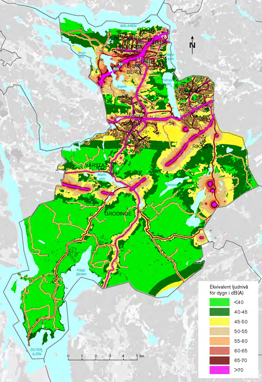 Figur 11. Ekvivalent ljudnivå för dygn i db(a) för väg, järnväg, flyg, industrier och täkter i Botkyrka kommun.