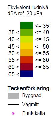 Upp till 60 dba ekvivalent bör kunna accepteras förutsatt att byggnaderna bulleranpassas och att tillgång till ljuddämpad sida finns (ljuddämpad sida är inte genomförbart för skolverksamhet).