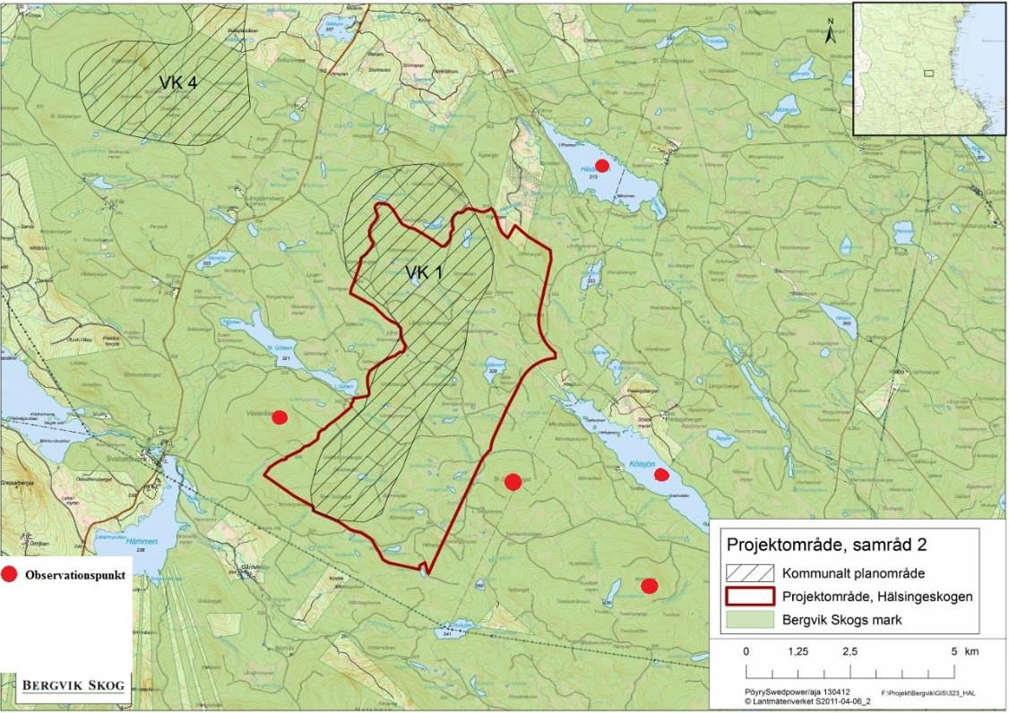 Karta 1 visar de observationspunkter som användes under örninventeringen. De exakta koordinaterna redovisas i tabell 1.