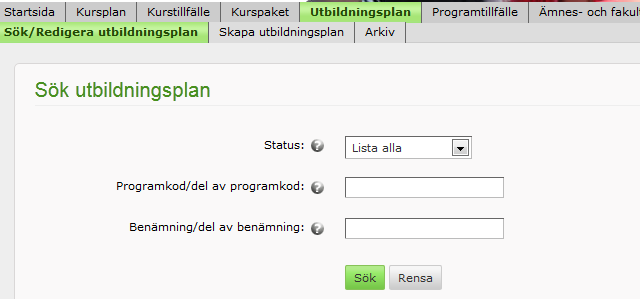 Utbildningsplan Skapa utbildningsplan Programmets benämning och poängantal hämtas från Ladok.