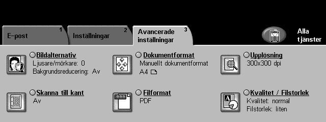 6 Avläsning till e-post Avancerade inställningar Fliken Avancerade inställningar används för att tillfälligt ändra avläsningsmallen för att öka utseendet och stilen på den