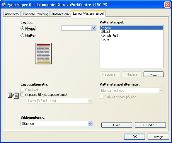 7 Skriva ut Layout/Vattenstämpel Används för att ändra layouten i ett dokument och lägga till vattenstämplar. Flera dokument kan skrivas ut på en sida med 2 upp till 16 upp.